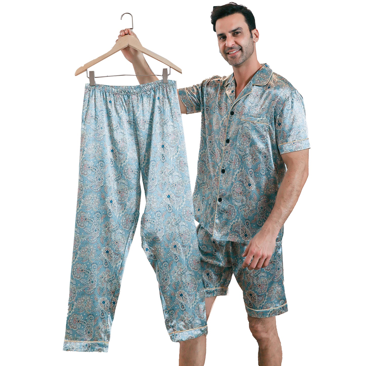 Men's Silk Pajama Set 3 Pieces Loungewear-KJ6054-M