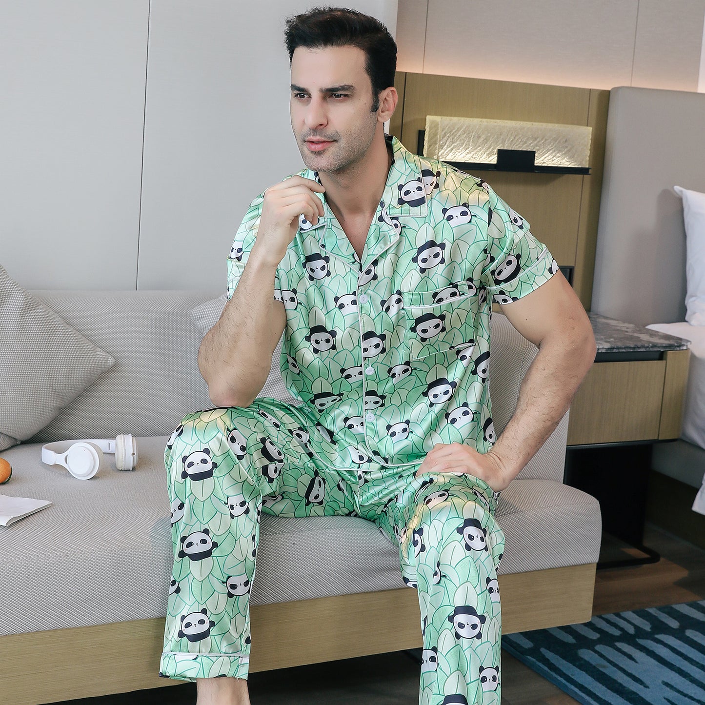 Men's Satin Pajama Set 3 Pieces Classic Sleepwear-KJ6014-M