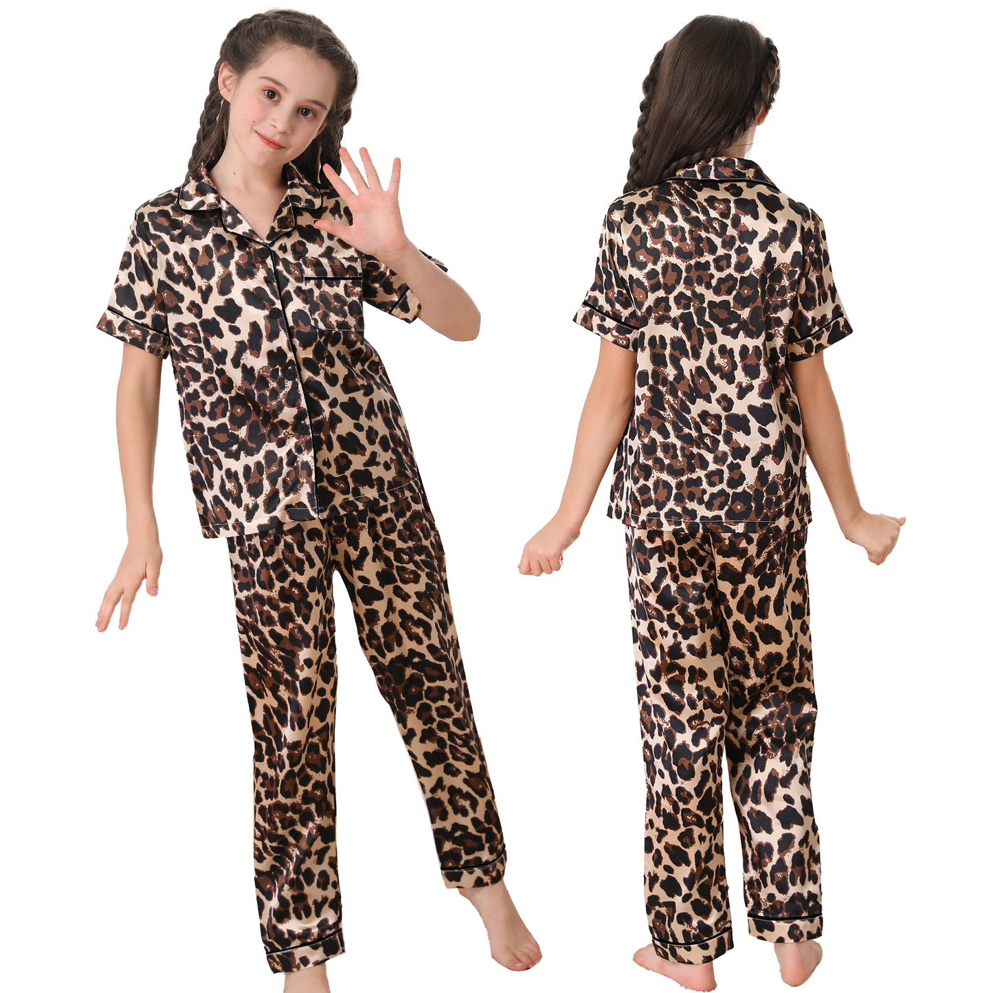 children's Satin Pajamas Set Short Sleeve & long pants Sleepwear with Pockets-KJ512T-130