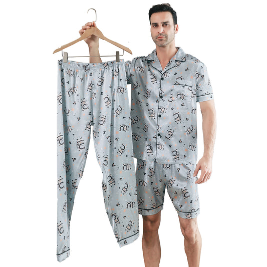 Men Satin Pajamas Set 3 Pieces multicolor Sleepwear with Pockets-KJ6032-M