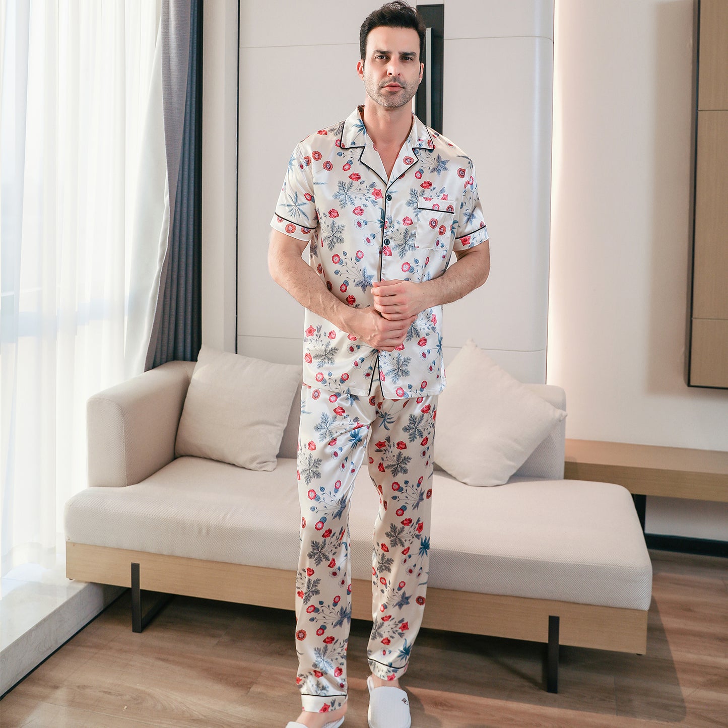 Men's Classic Silk Pajama Set Short Top & Long Pants Button Loungewear-KJ5051-M