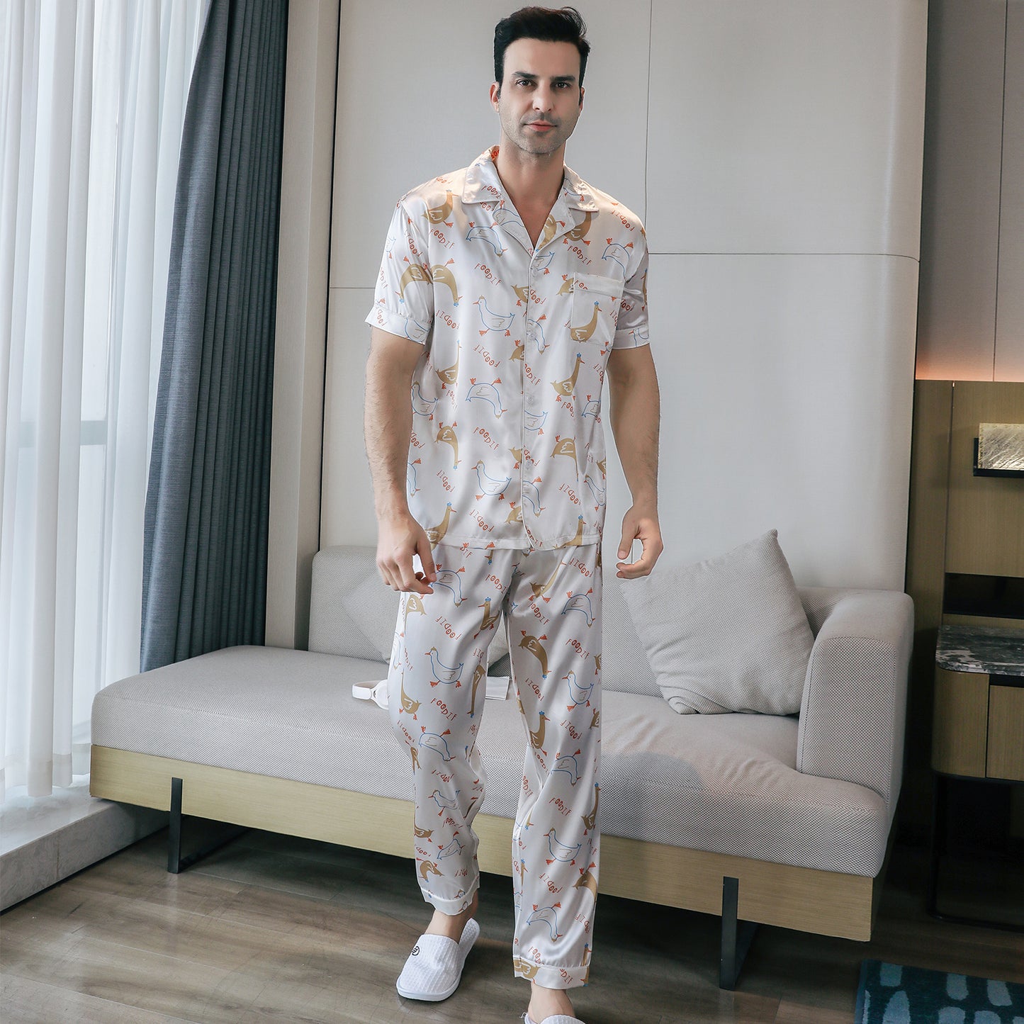 Men's Satin Pajama Set 3 Pieces Classic Sleepwear-KJ6016-M