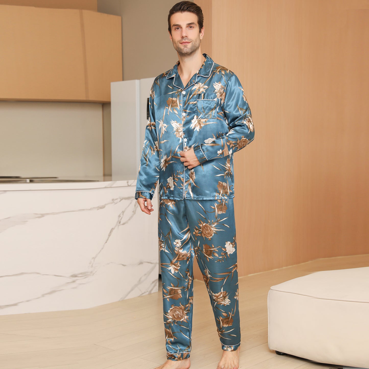 Men Satin Pajamas Set Long Sleeve & Long Pants Sleepwear with Pockets-KJ2034-M