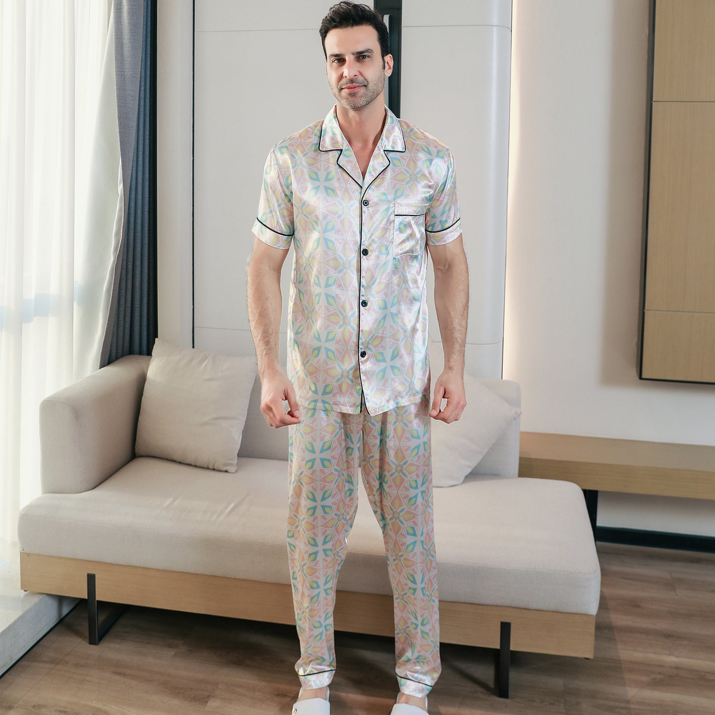 Men's Silk Pajama Set 3 Pieces Loungewear-KJ6050-M