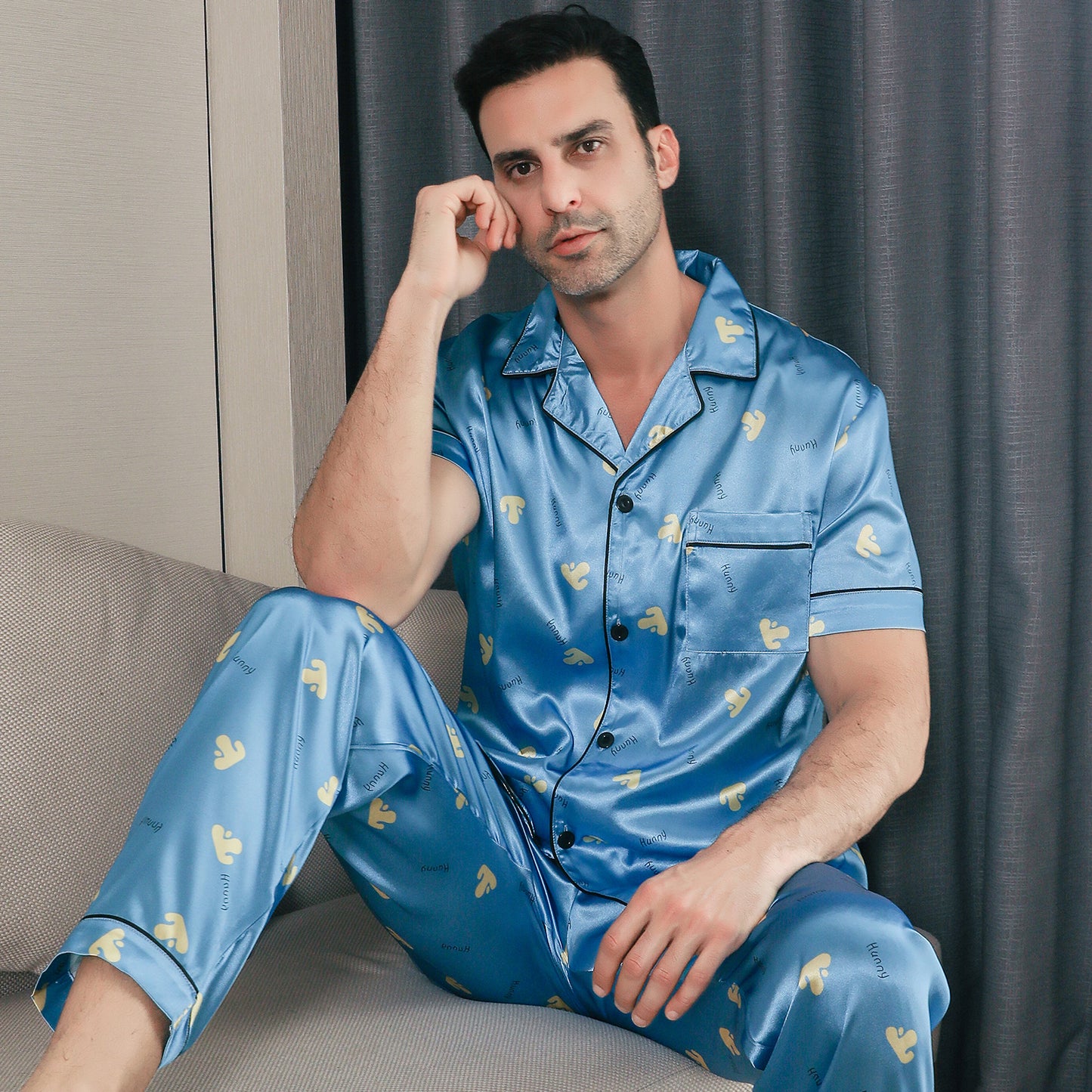 Men Satin Pajamas Set 3 Pieces multicolor Sleepwear with Pockets-KJ6033-M