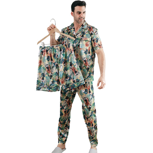 Men Satin Pajamas Set 3 Pieces multicolor Sleepwear with Pockets-KJ6040-M