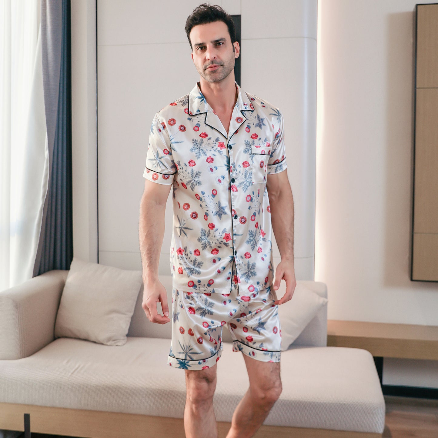 Men's  Silk Pajama Set Short Top & short Pants  Loungewear-KJ4051-M