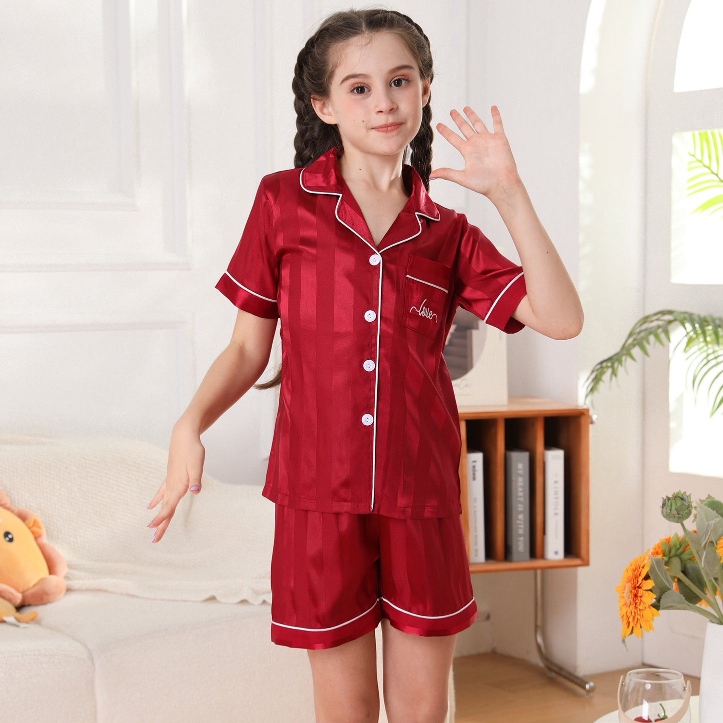 Girl's  Silk Pajama Set Short Top & Short pants  Loungewear-KJ459T-130