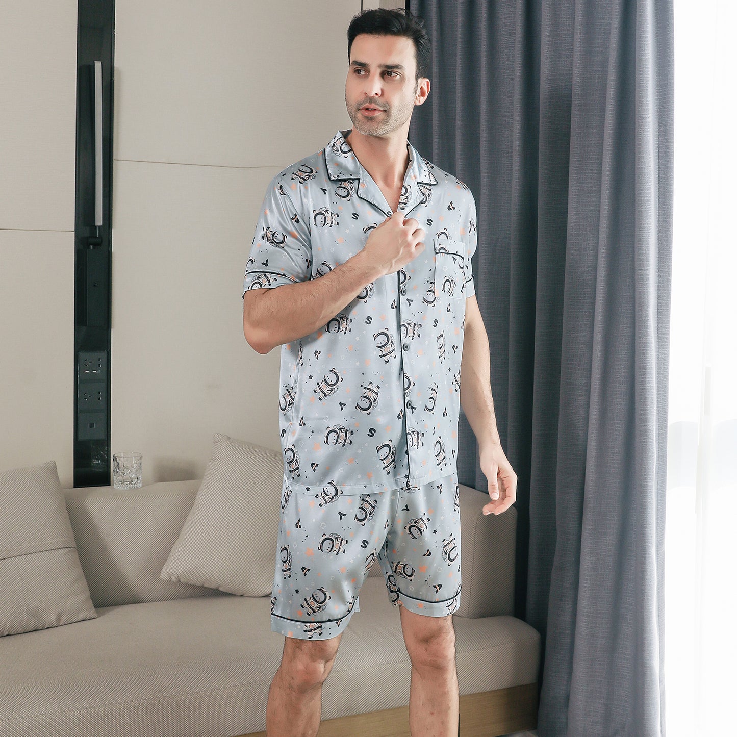 Men Satin Pajamas Set 3 Pieces multicolor Sleepwear with Pockets-KJ6032-M