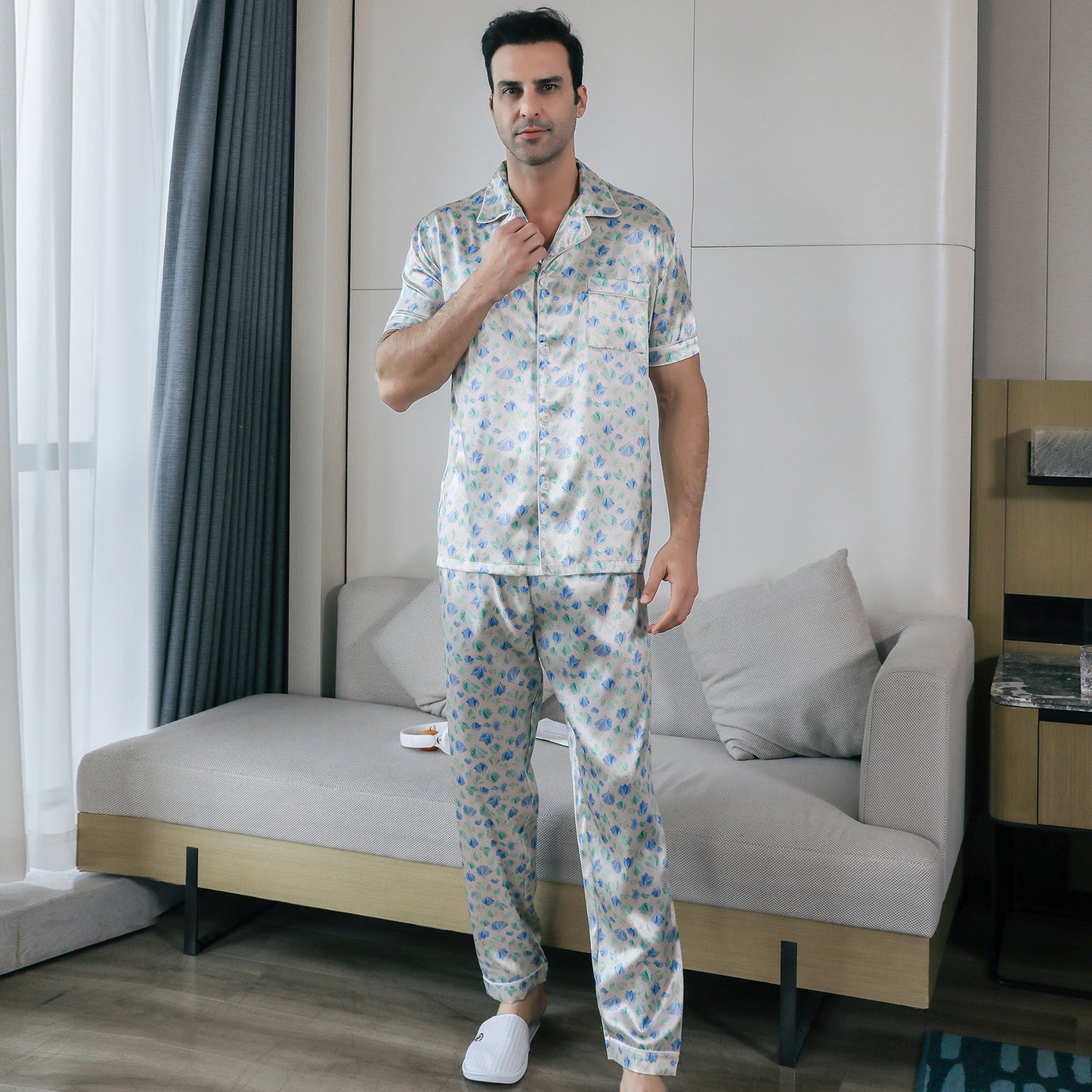 Men's Satin Pajama Set 3 Pieces Classic Sleepwear-KJ6017-M