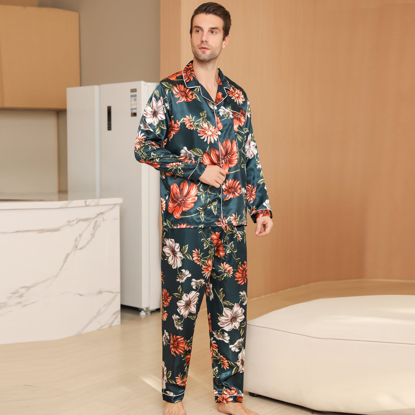 Men Satin Pajamas Set Long Sleeve & Long Pants Sleepwear with Pockets-KJ2032-M