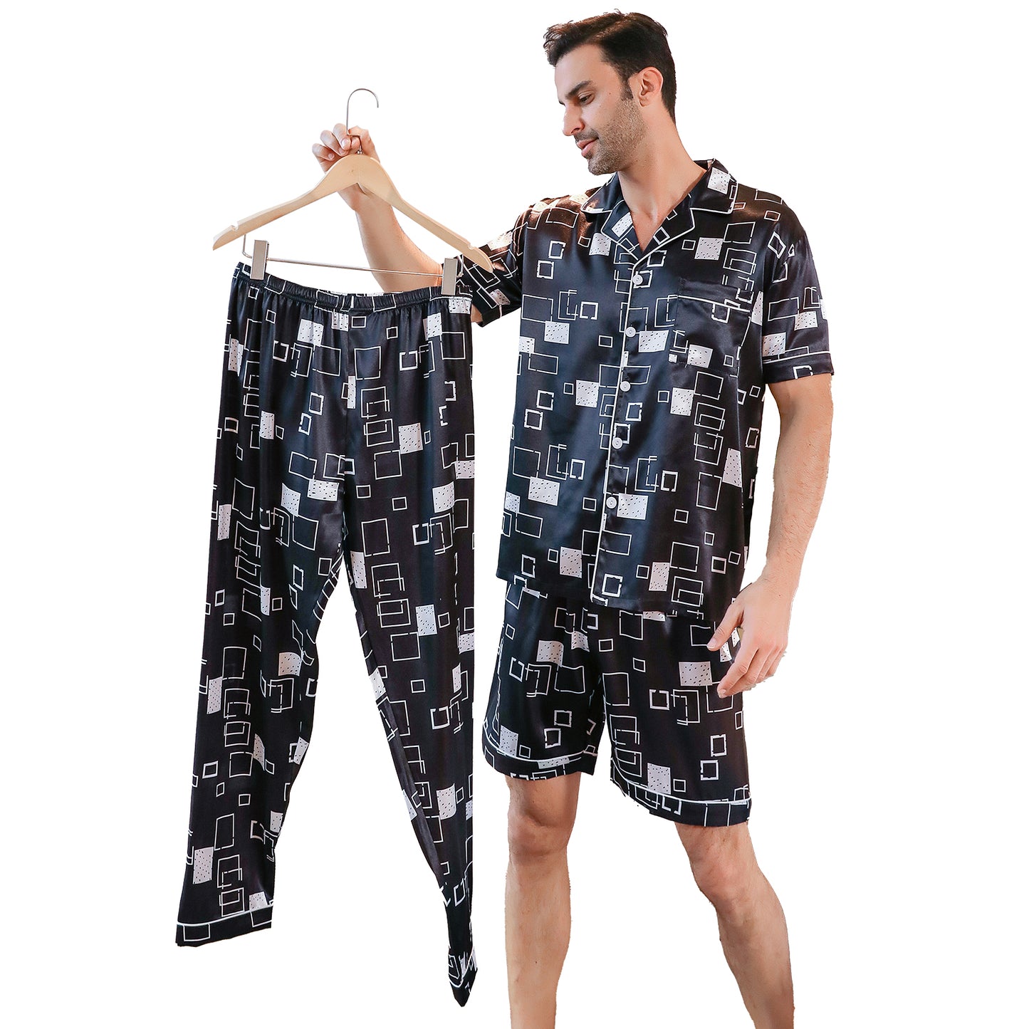 Mens Silky Pajamas Set 3 Pieces Nightwear-KJ6003-M