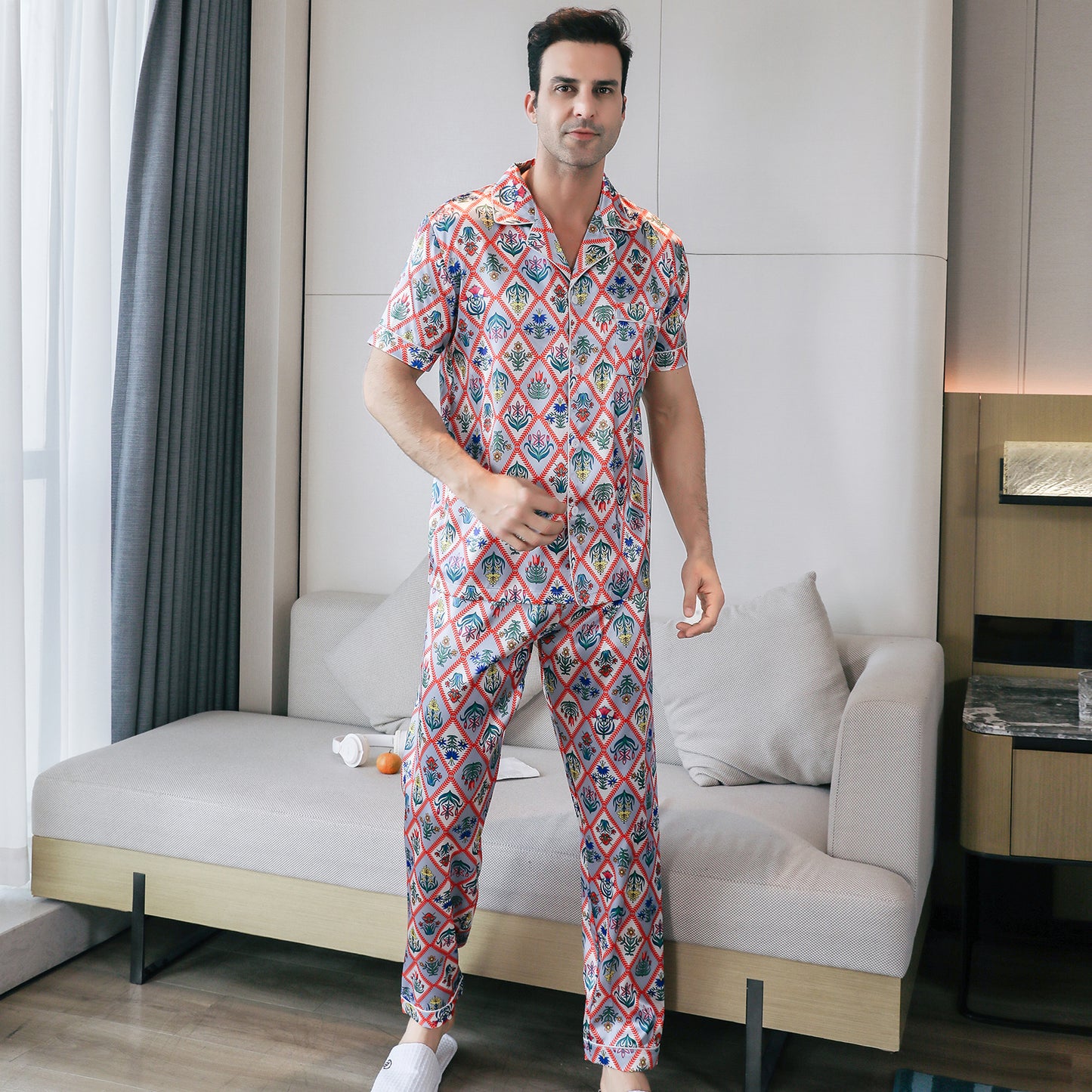 Men's Satin Pajama Set 3 Pieces Classic Sleepwear-KJ6015-M