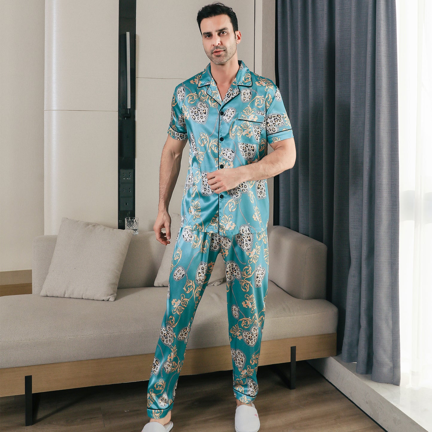 Men Satin Pajamas Set Short Sleeve & Long Pants Sleepwear with Pockets-KJ5044-M