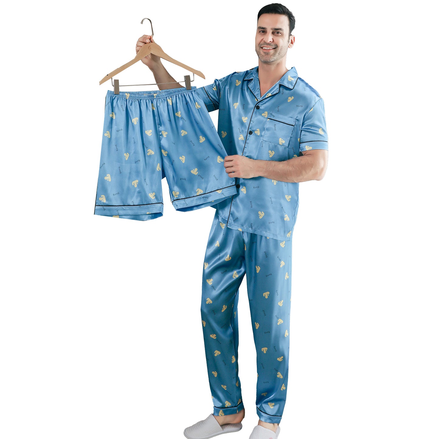 Men Satin Pajamas Set 3 Pieces multicolor Sleepwear with Pockets-KJ6033-M