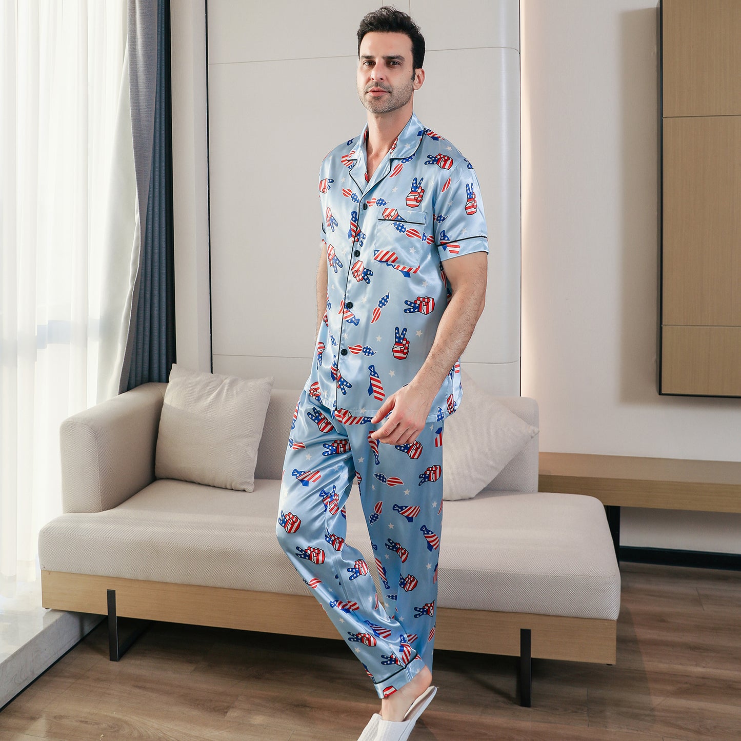 Men's Classic Silk Pajama Set Short Top & Long Pants Button Loungewear-KJ5048-M