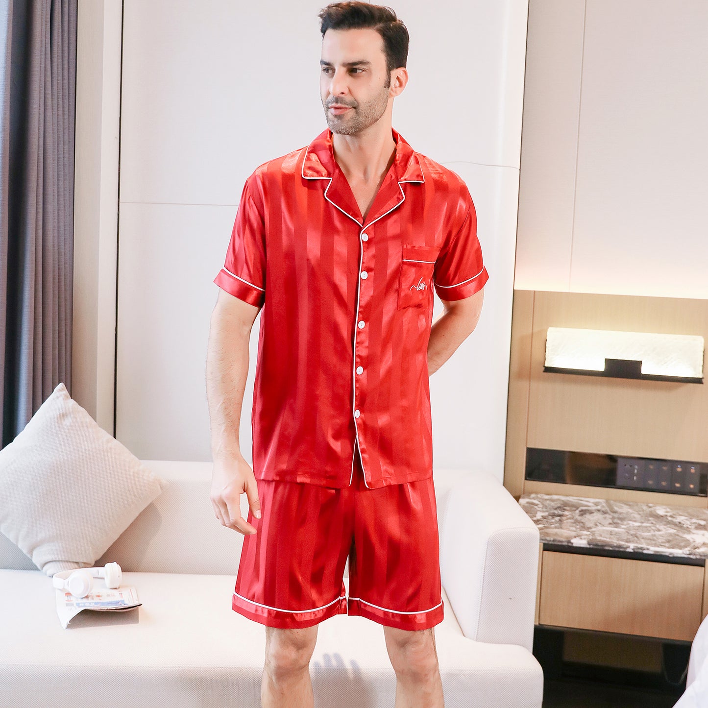 Mens Silky Pajamas Set Short Top & short pants Nightwear-KJ4005-M