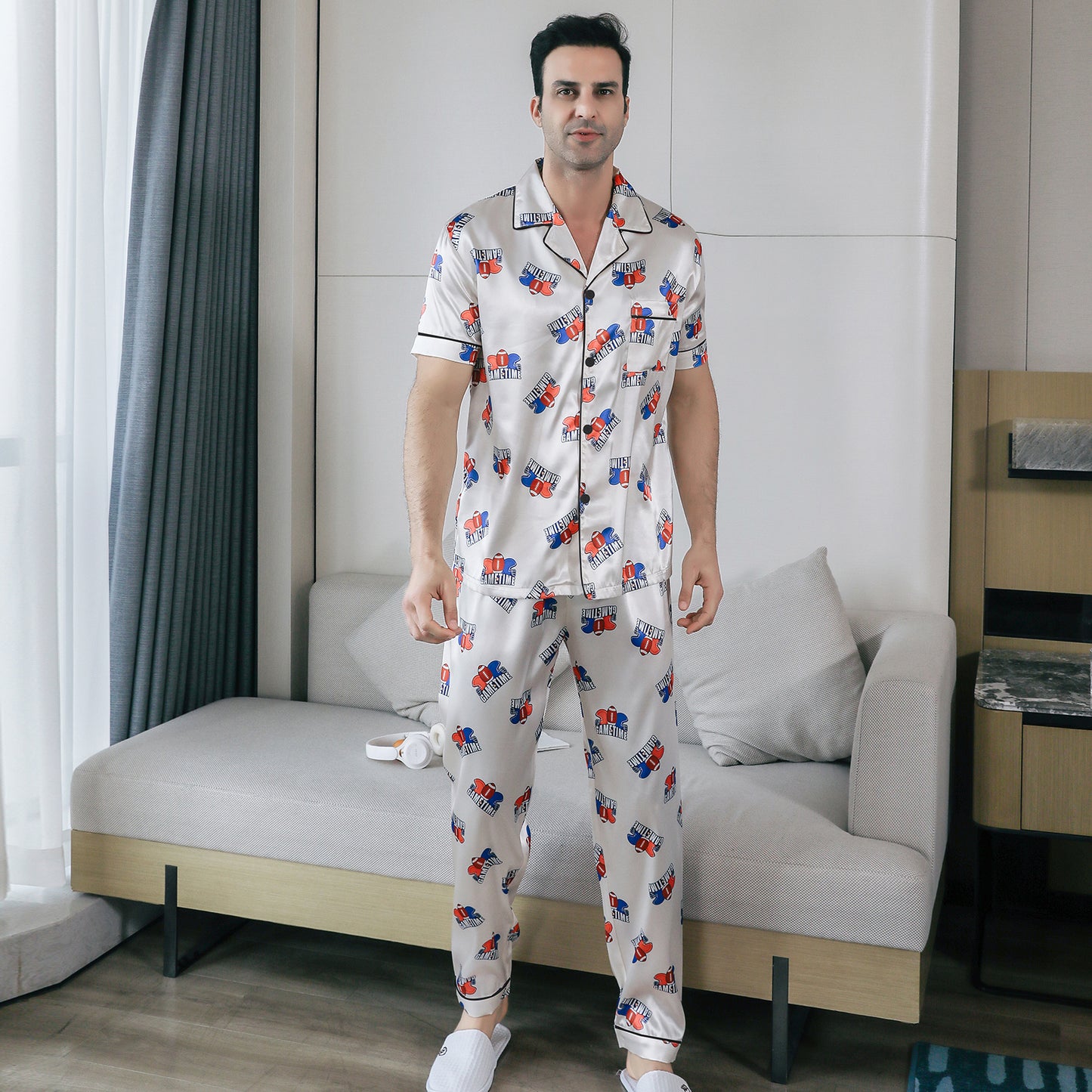 Men's Satin Pajama Set 3 Pieces Classic Sleepwear-KJ6019-M