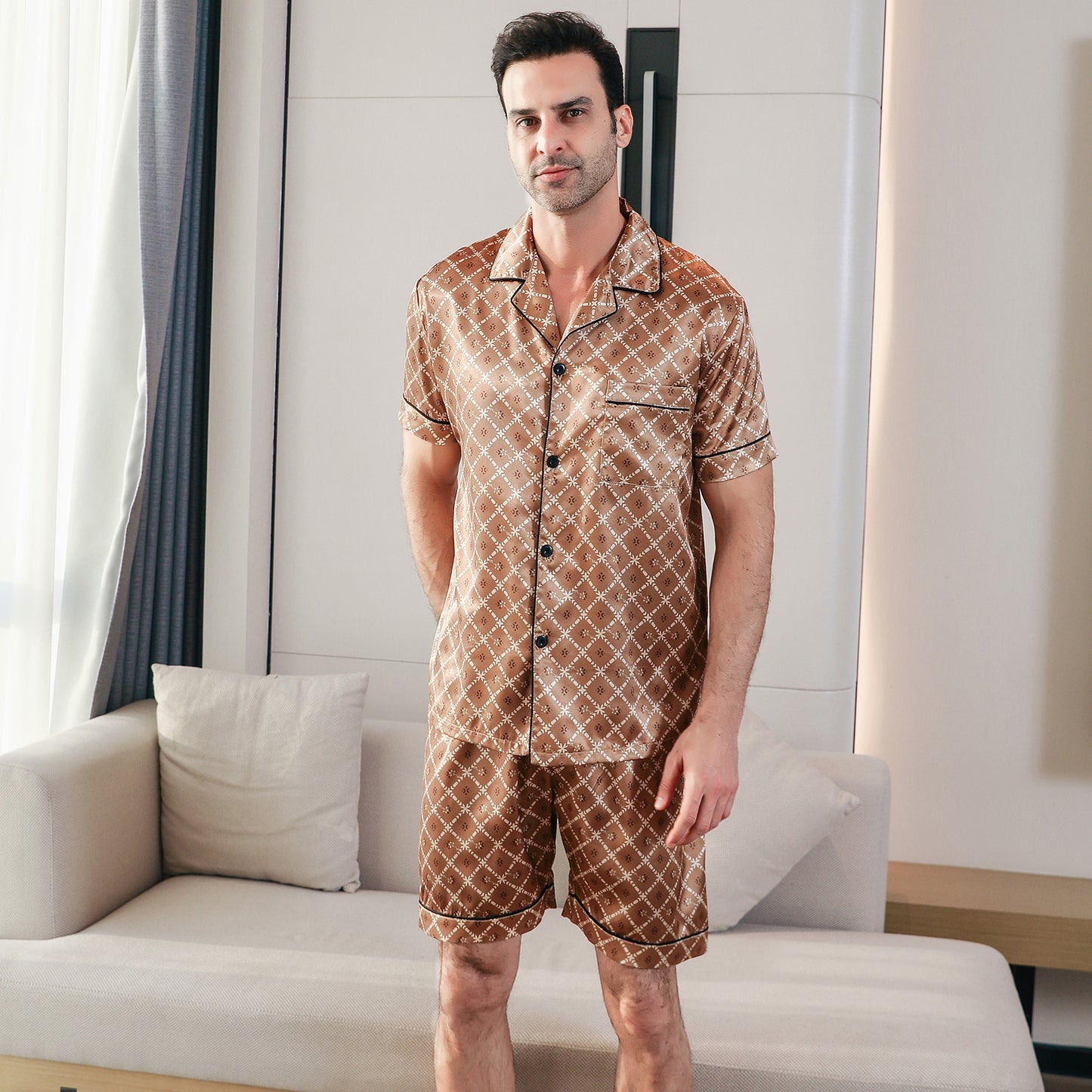 Men's Silk Pajama Set 3 Pieces Loungewear-KJ6046-M