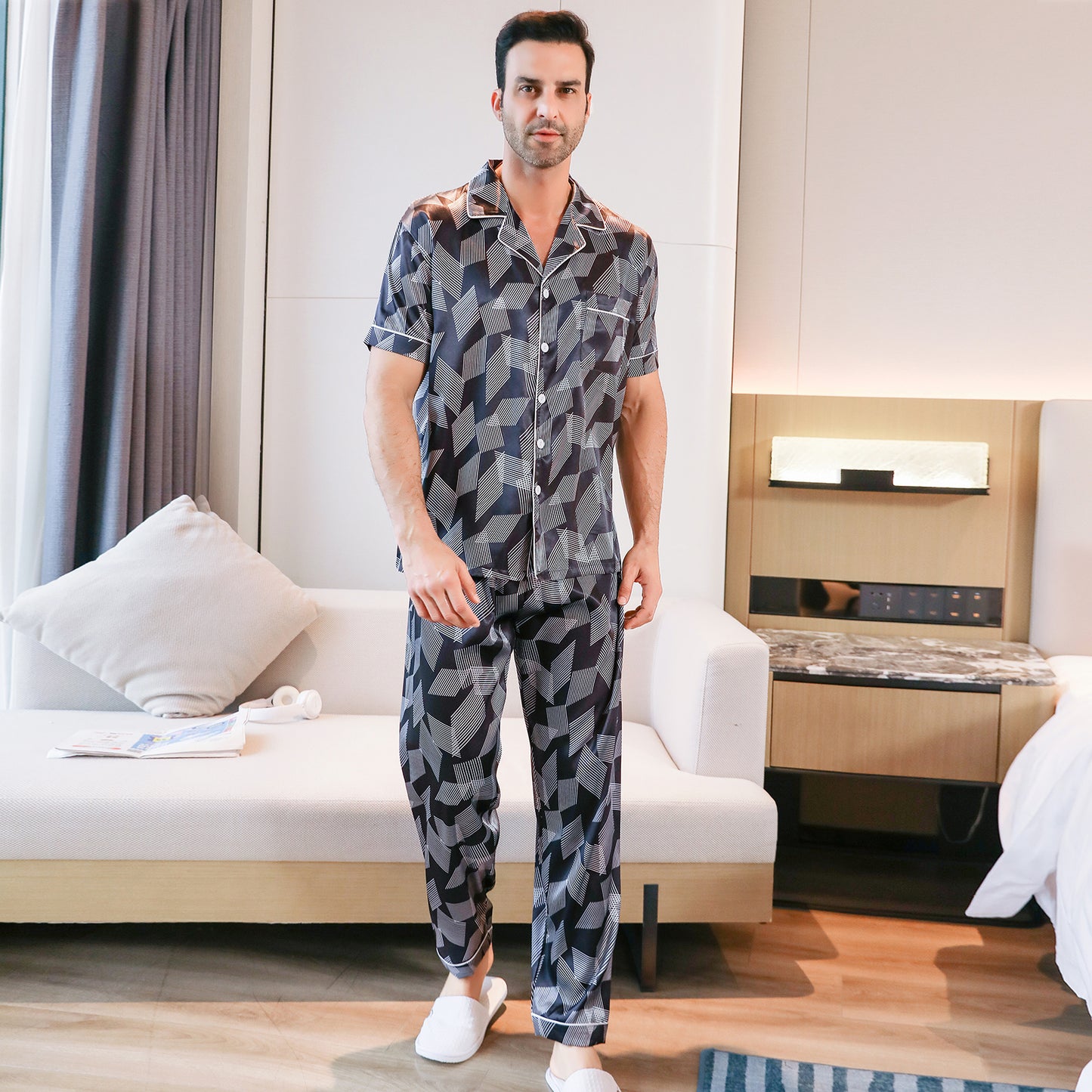 Mens Silky Pajamas Set 3 Pieces Nightwear-KJ6002-M