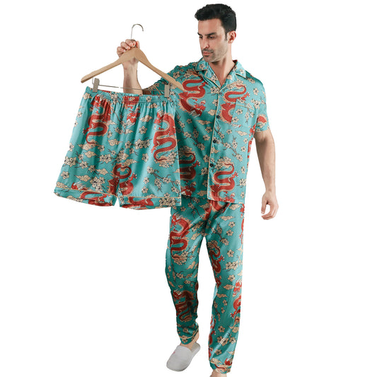 Men Satin Pajamas Set 3 Pieces multicolor Sleepwear with Pockets-KJ6037-M