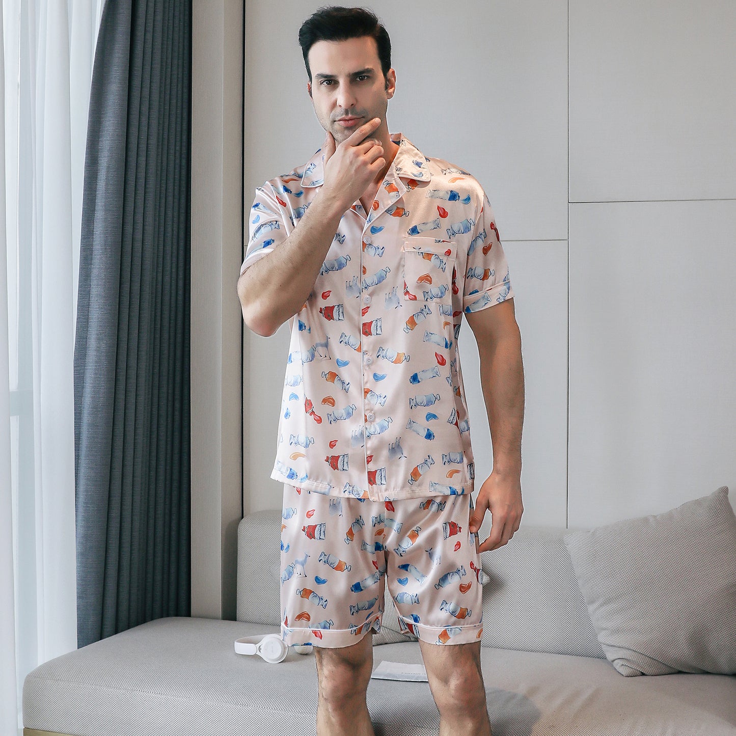 Men's Satin Pajama Set 3 Pieces Classic Sleepwear-KJ6013-M