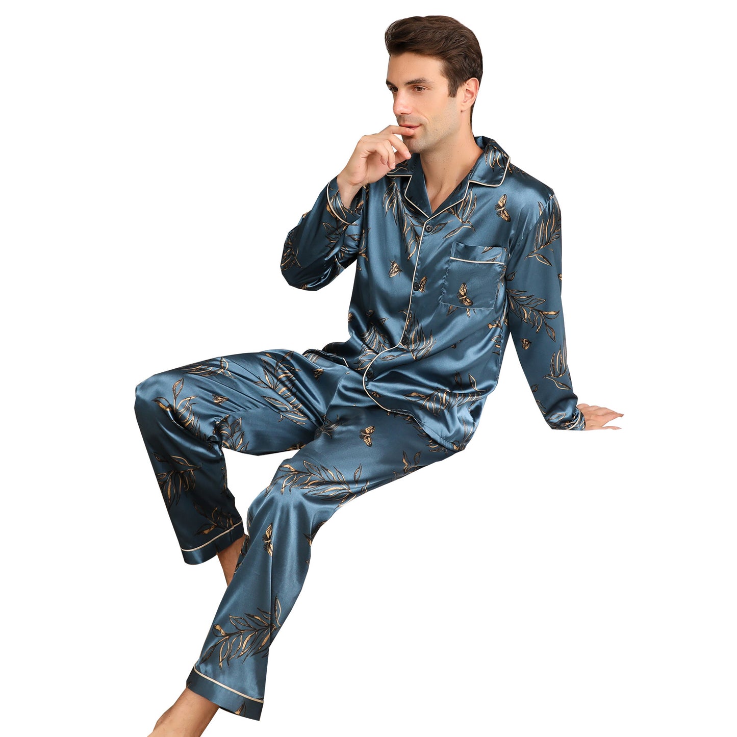 Men's Silky Satin Pajama Set Long Top Classic Sleepwear with Long Pants-KJ2014-M