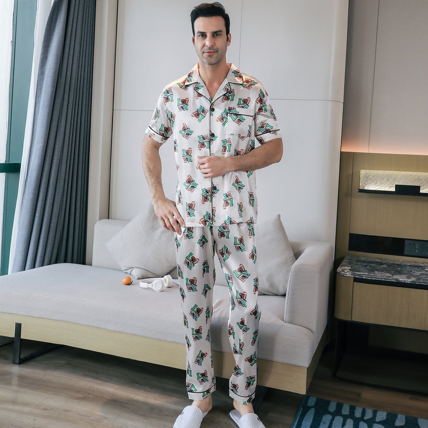 Mens Silky Pajamas Set Short Sleeve Top and Long pants Nightwear-KJ5008-M