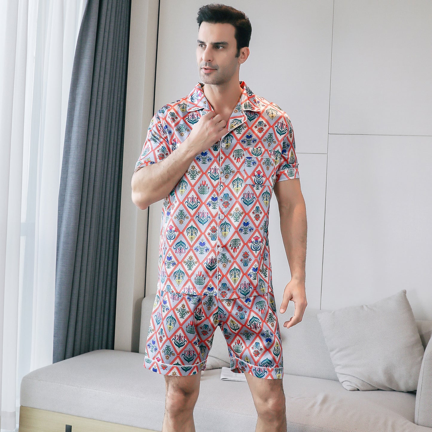 Men's Satin Pajama Set 3 Pieces Classic Sleepwear-KJ6015-M