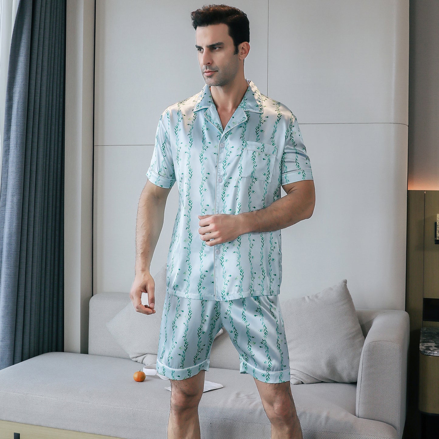 Men's Satin Pajama Set 3 Pieces Classic Sleepwear-KJ6012-M