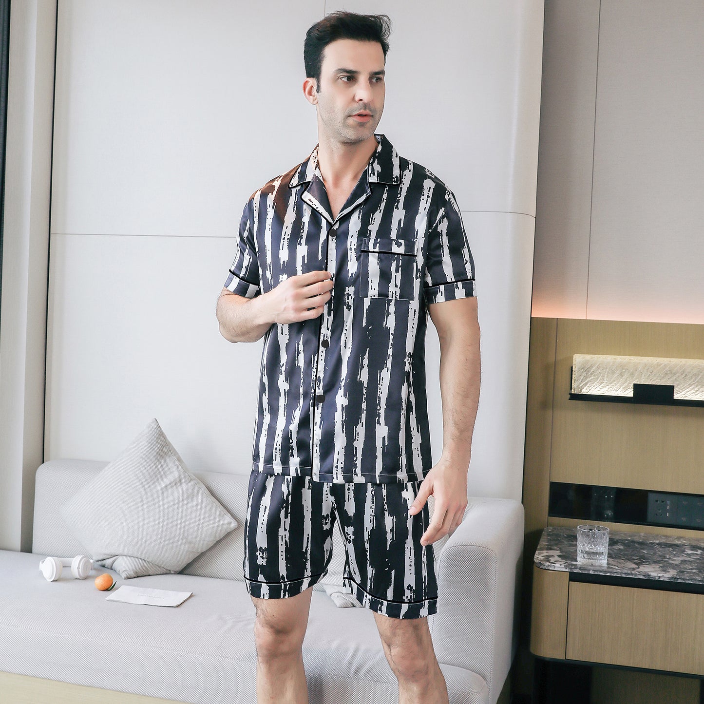 Mens Silky Pajamas Set Short Top & short pants Nightwear-KJ4009-M