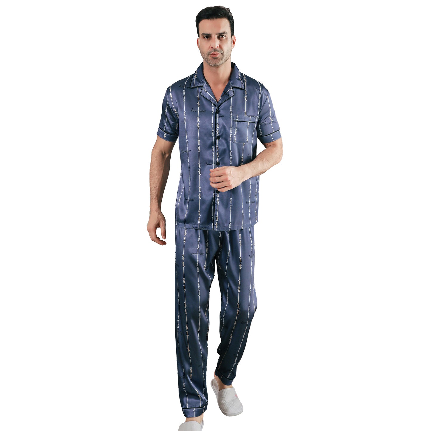 Men Satin Pajamas Set 3 Pieces multicolor Sleepwear with Pockets-KJ6038-M