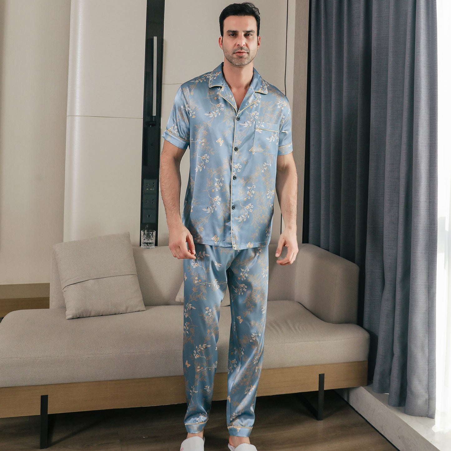 Men Satin Pajamas Set 3 Pieces multicolor Sleepwear with Pockets-KJ6039-M