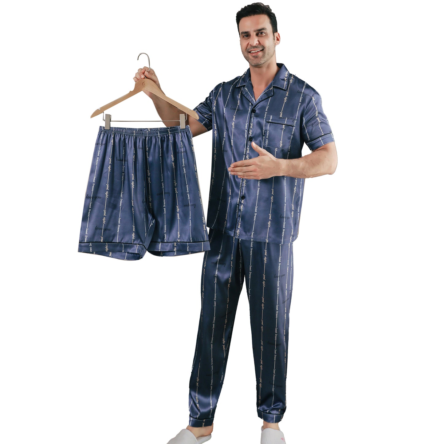 Men Satin Pajamas Set 3 Pieces multicolor Sleepwear with Pockets-KJ6038-M