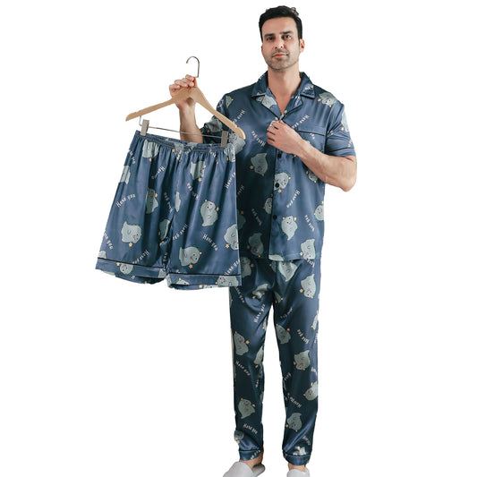 Men Satin Pajamas Set 3 Pieces multicolor Sleepwear with Pockets-KJ6034-M