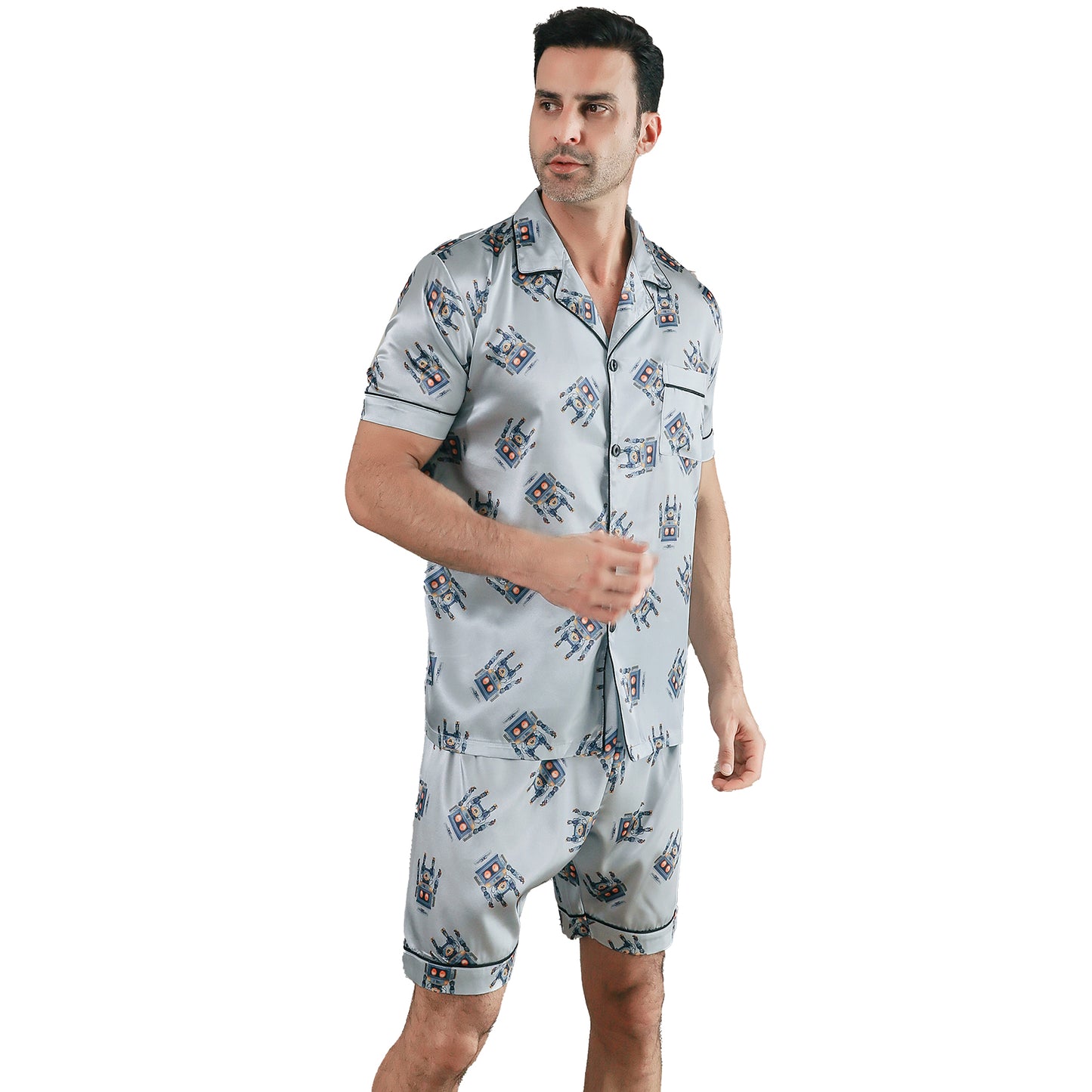 Men Satin Pajamas Set 3 Pieces multicolor Sleepwear with Pockets-KJ6036-M