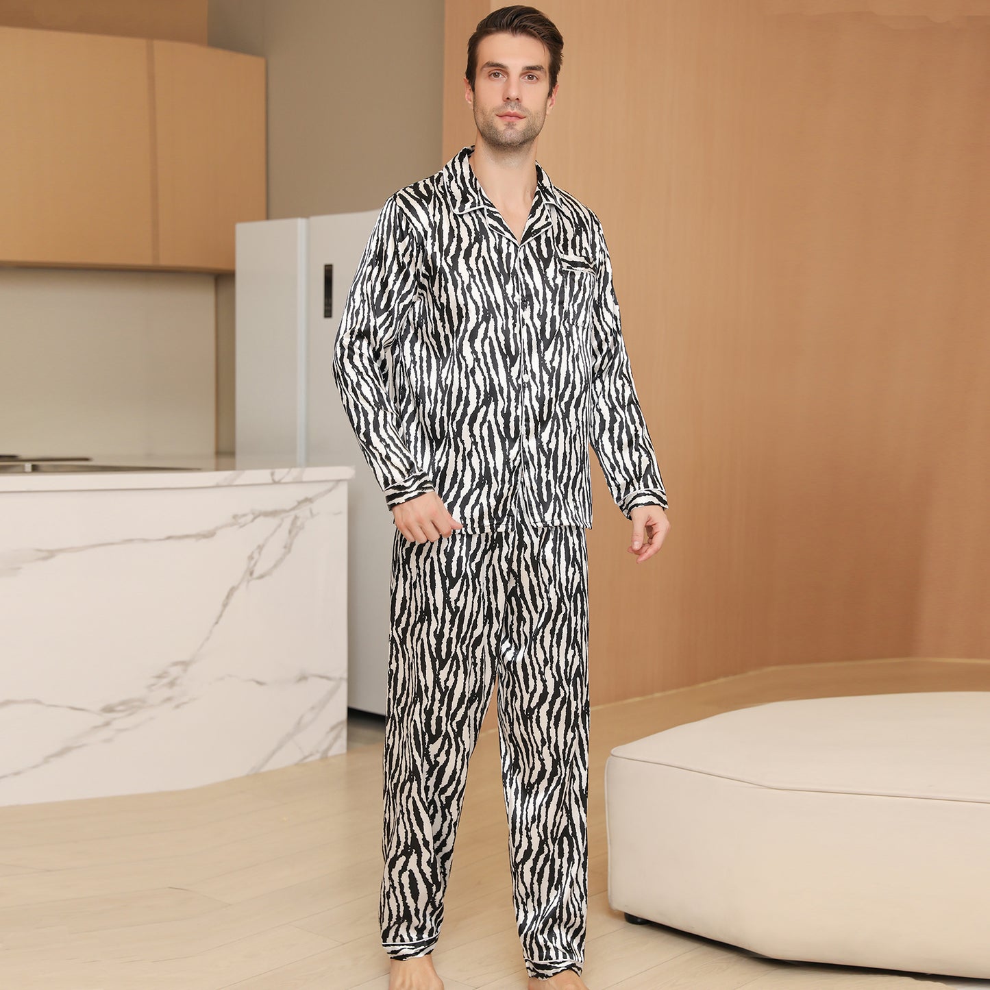 Men Satin Pajamas Set Long Sleeve & Long Pants Sleepwear with Pockets-KJ2033-M