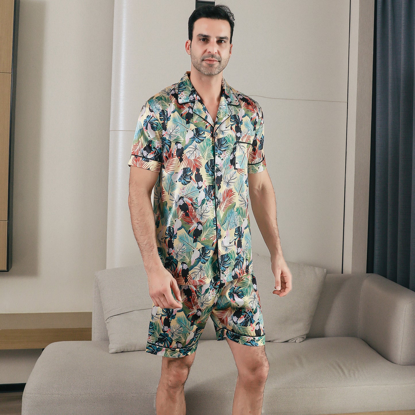 Men Satin Pajamas Set 3 Pieces multicolor Sleepwear with Pockets-KJ6040-M