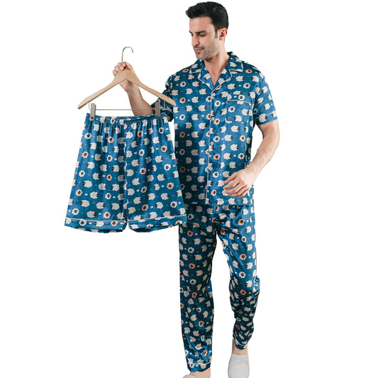 Men Satin Pajamas Set 3 Pieces multicolor Sleepwear with Pockets-KJ6043-M