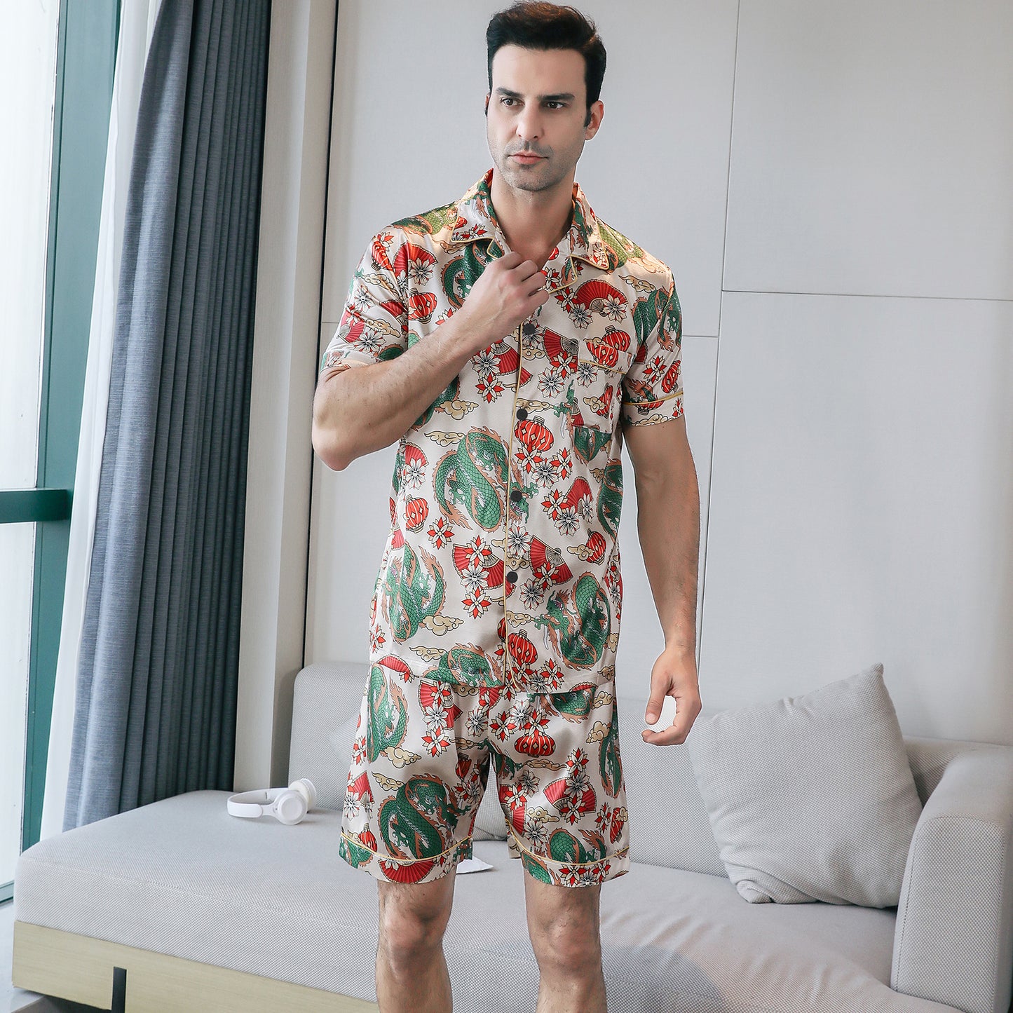 Mens Silky Pajamas Set Short Top & short pants Nightwear-KJ4010-M