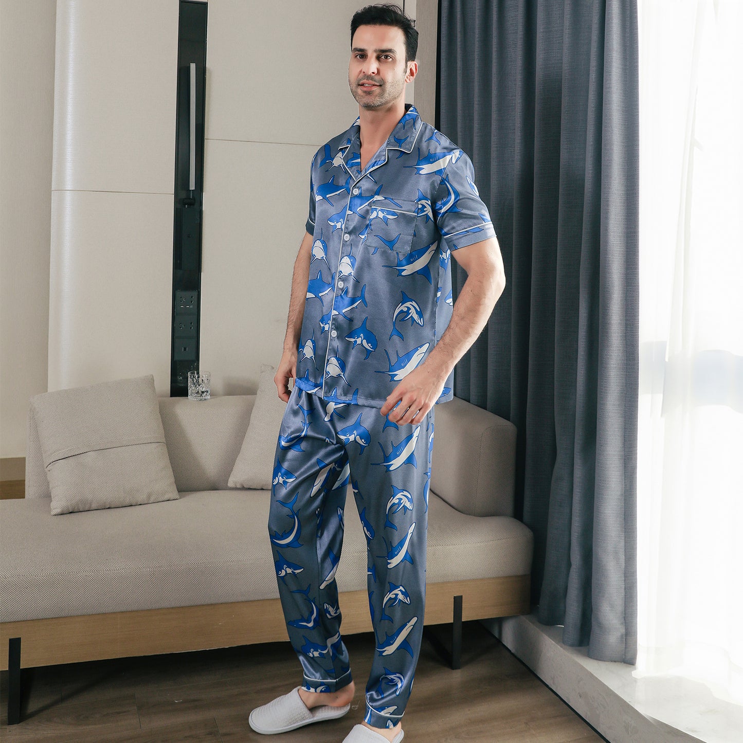 Men Satin Pajamas Set Short Sleeve & Long Pants Sleepwear with Pockets-KJ5041-M