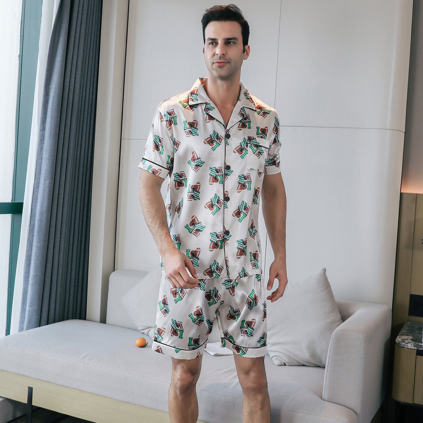 Mens Silky Pajamas Set Short Top & short pants Nightwear-KJ4008-M