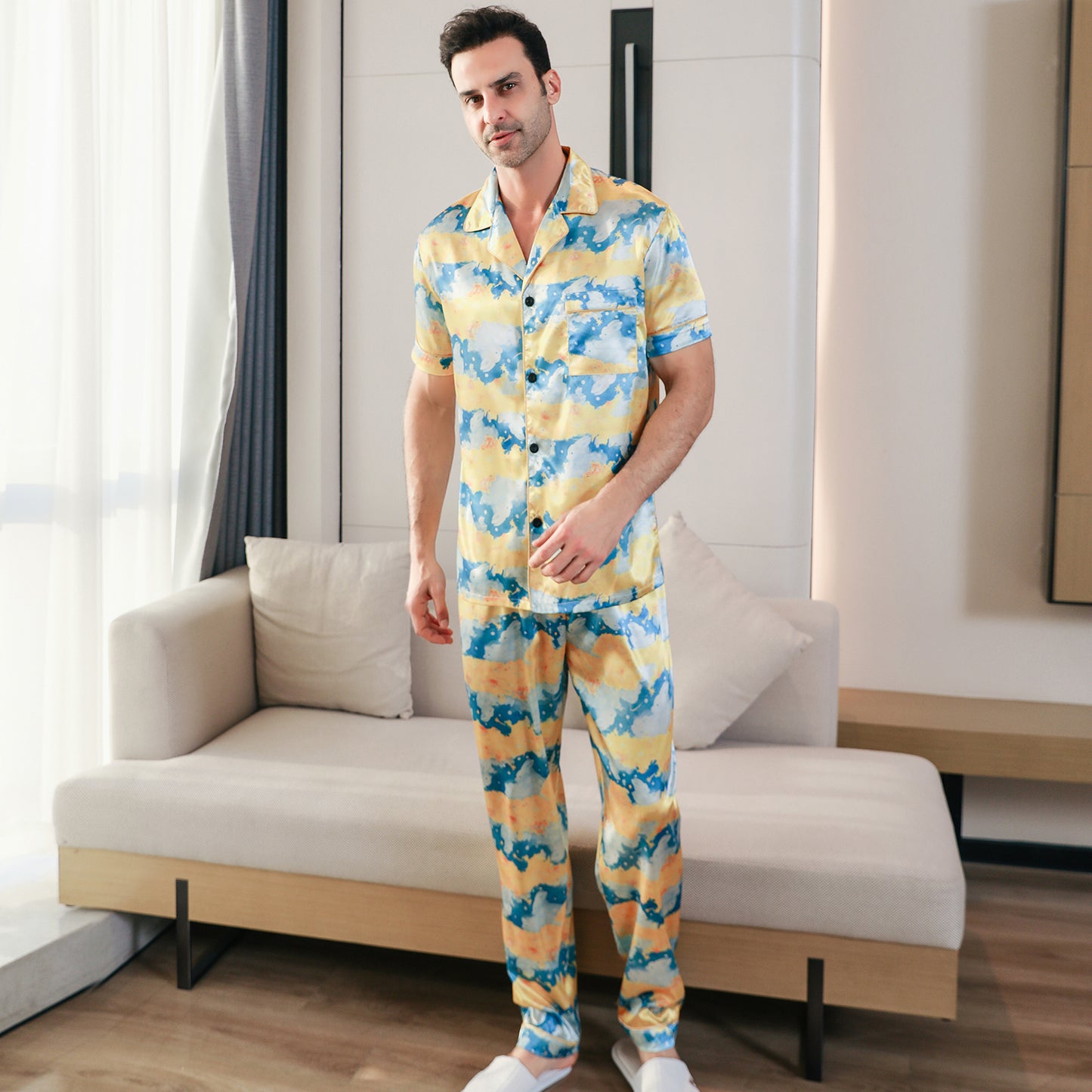 Men's Classic Silk Pajama Set Short Top & Long Pants Button Loungewear-KJ5047-M