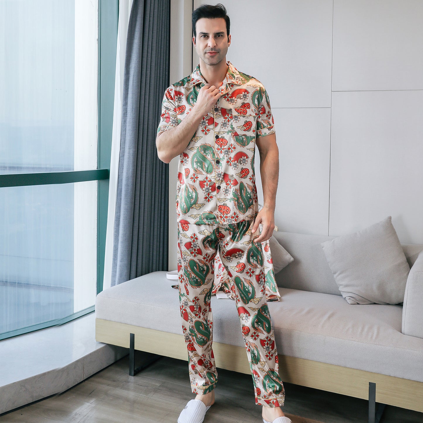 Mens Silky Pajamas Set Short Sleeve Top and Long pants Nightwear-KJ5010-M