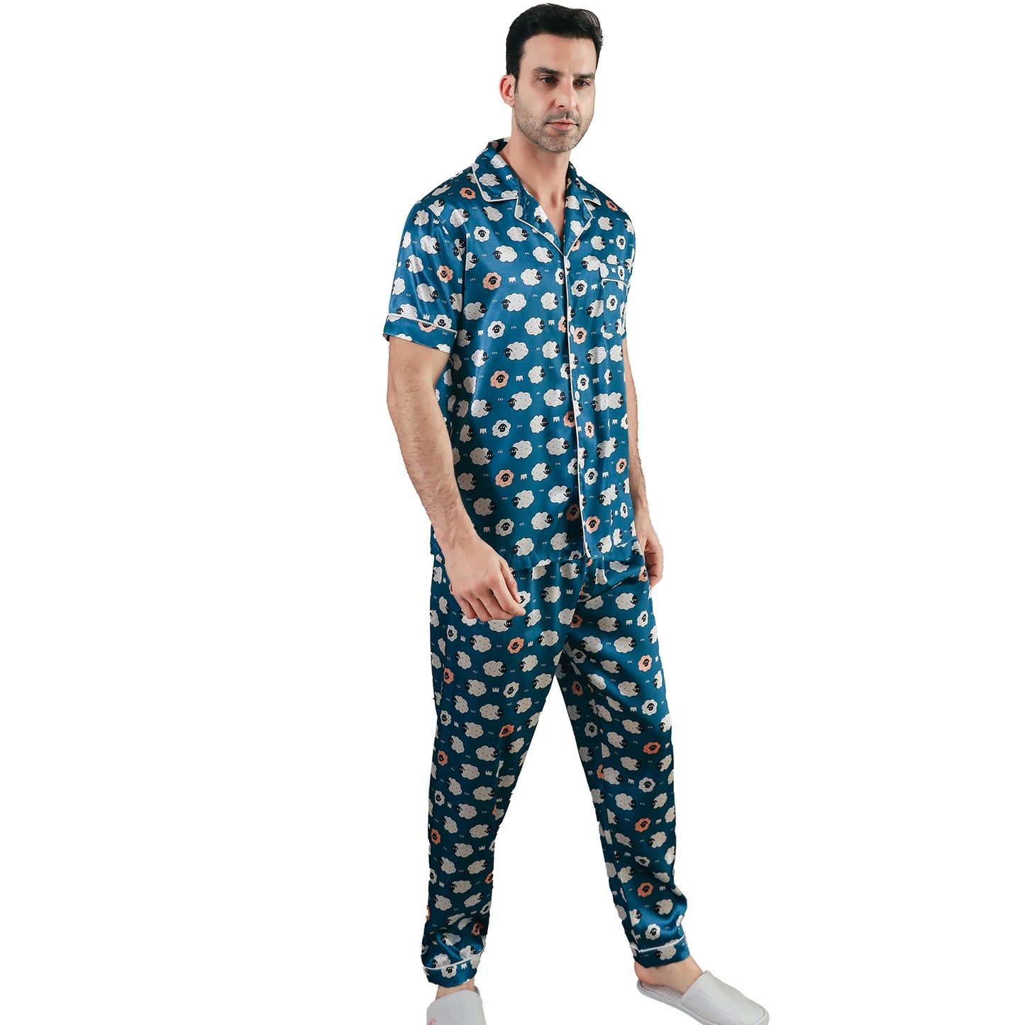 Men Satin Pajamas Set 3 Pieces multicolor Sleepwear with Pockets-KJ6043-M