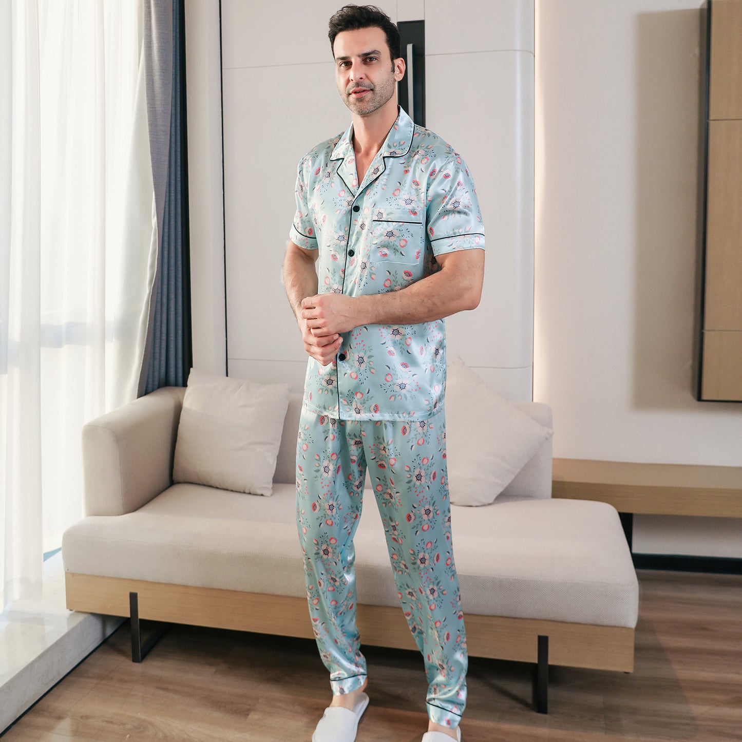 Men's Silk Pajama Set 3 Pieces Loungewear-KJ6049-M