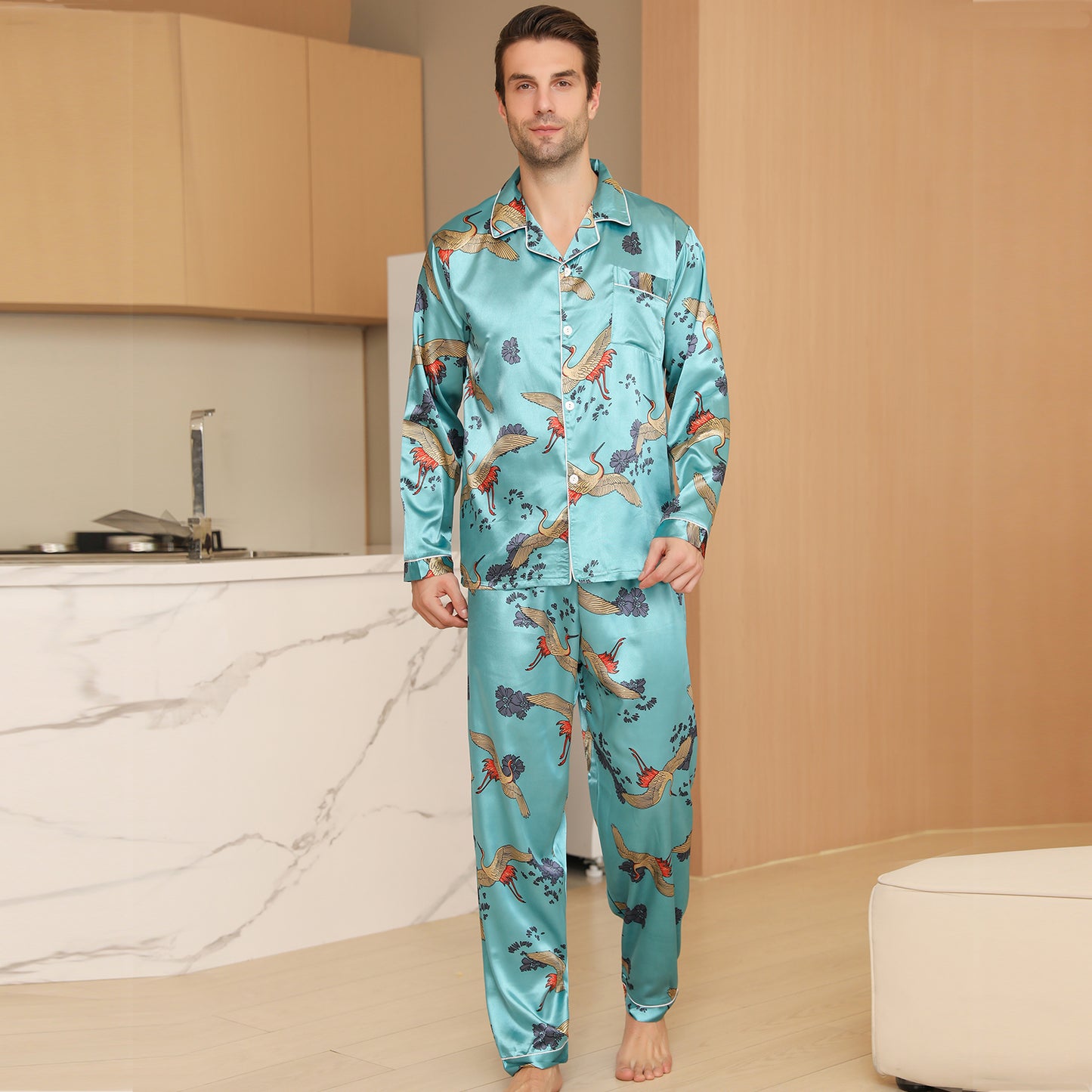 Men Satin Pajamas Set Long Sleeve & Long Pants Sleepwear with Pockets-KJ2035-M