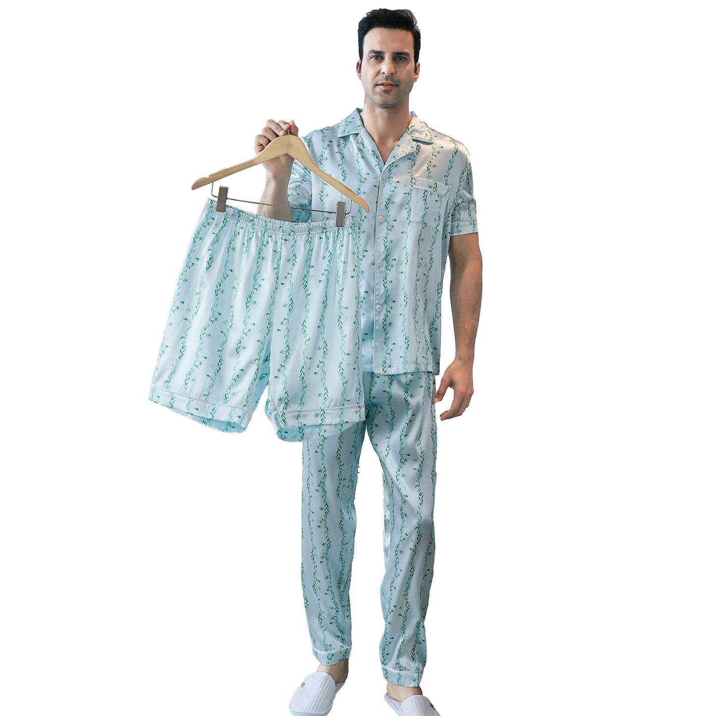 Men's Satin Pajama Set 3 Pieces Classic Sleepwear-KJ6012-M