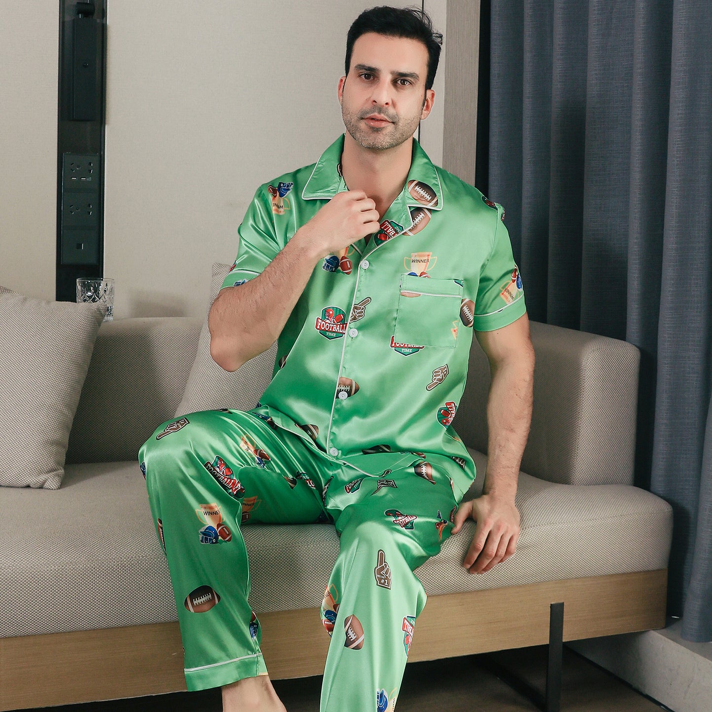 Men Satin Pajamas Set Short Sleeve & Long Pants Sleepwear with Pockets-KJ5042-M