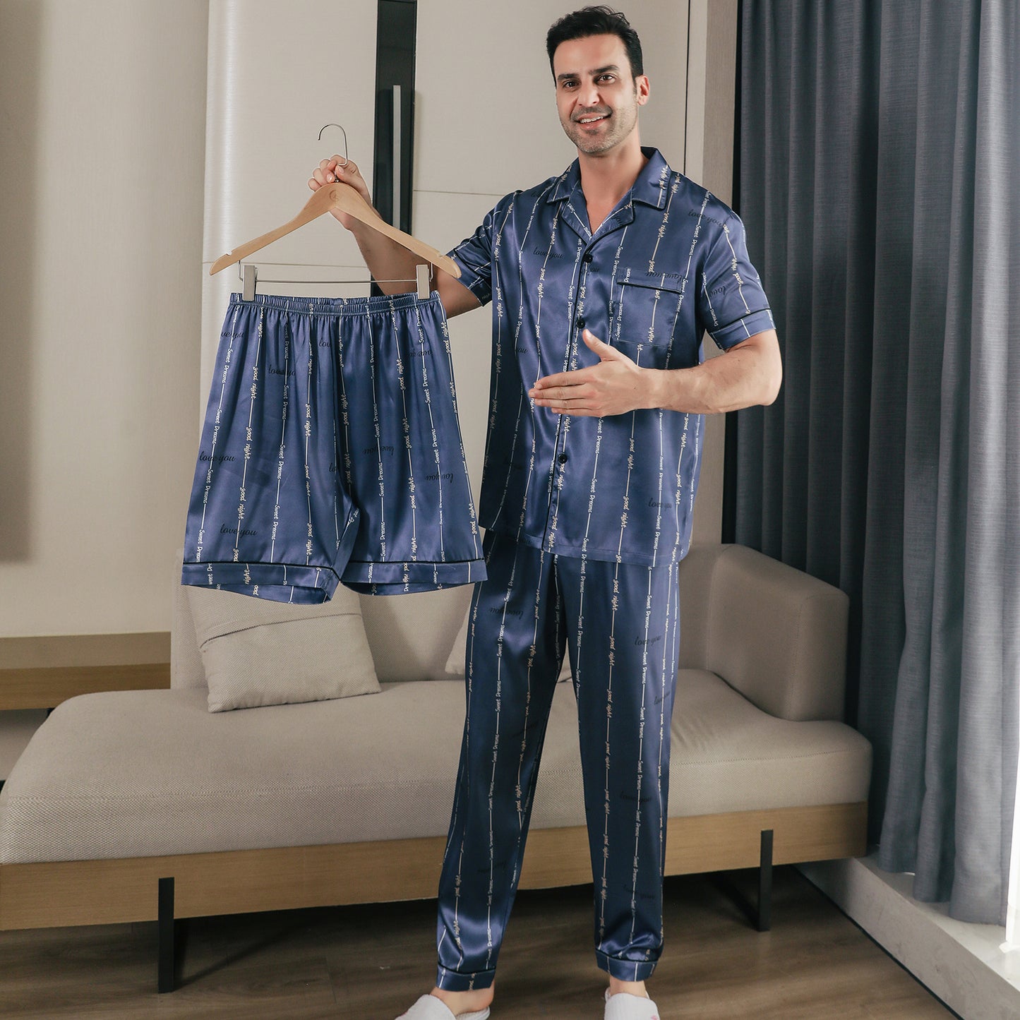 Men Satin Pajamas Set 3 Pieces multicolor Sleepwear with Pockets-KJ6038-M